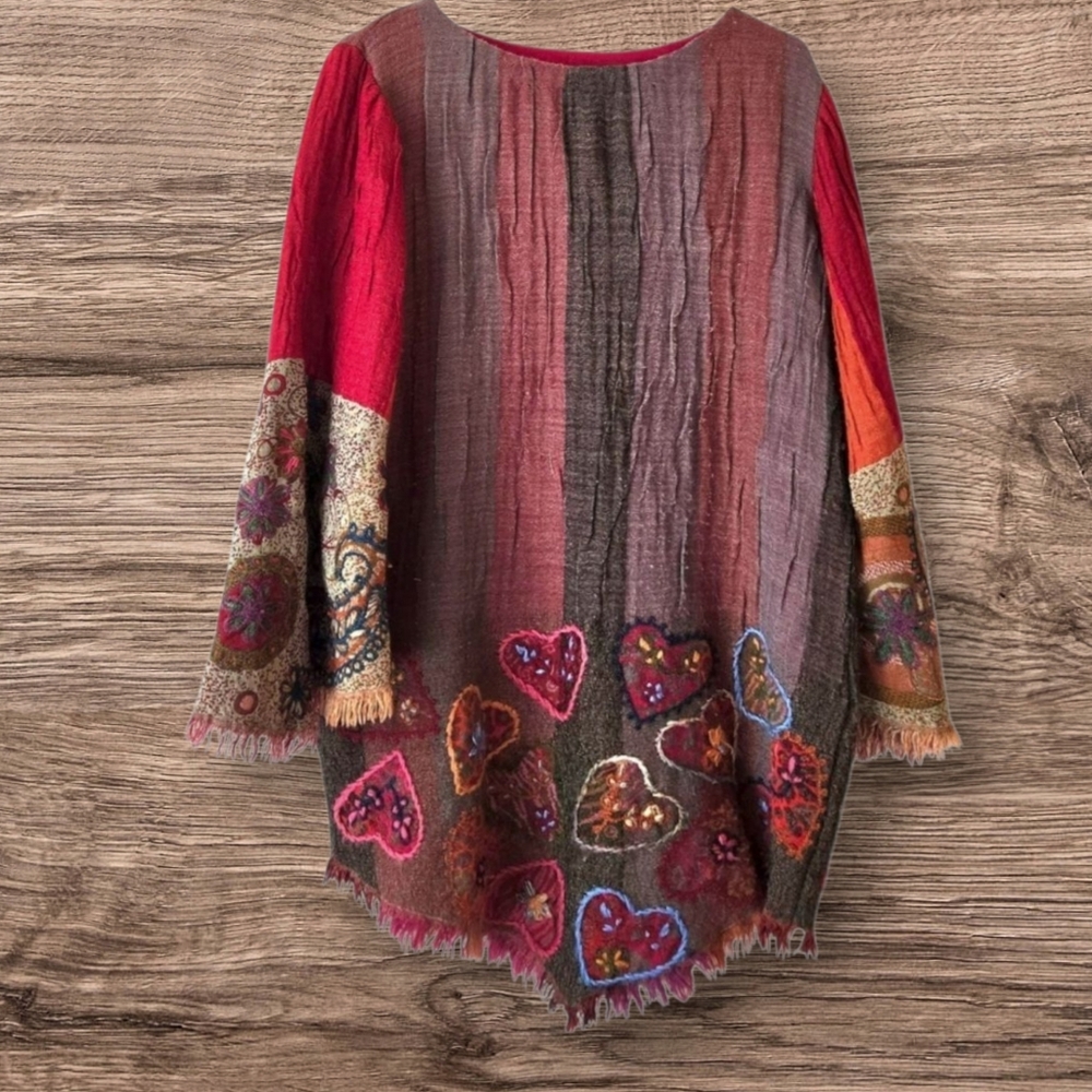 Kashmir Hut Red Gray Tunic Embroidered Bell Sleeve Bohemian Forest Fairy / XL - Picture 6 of 10